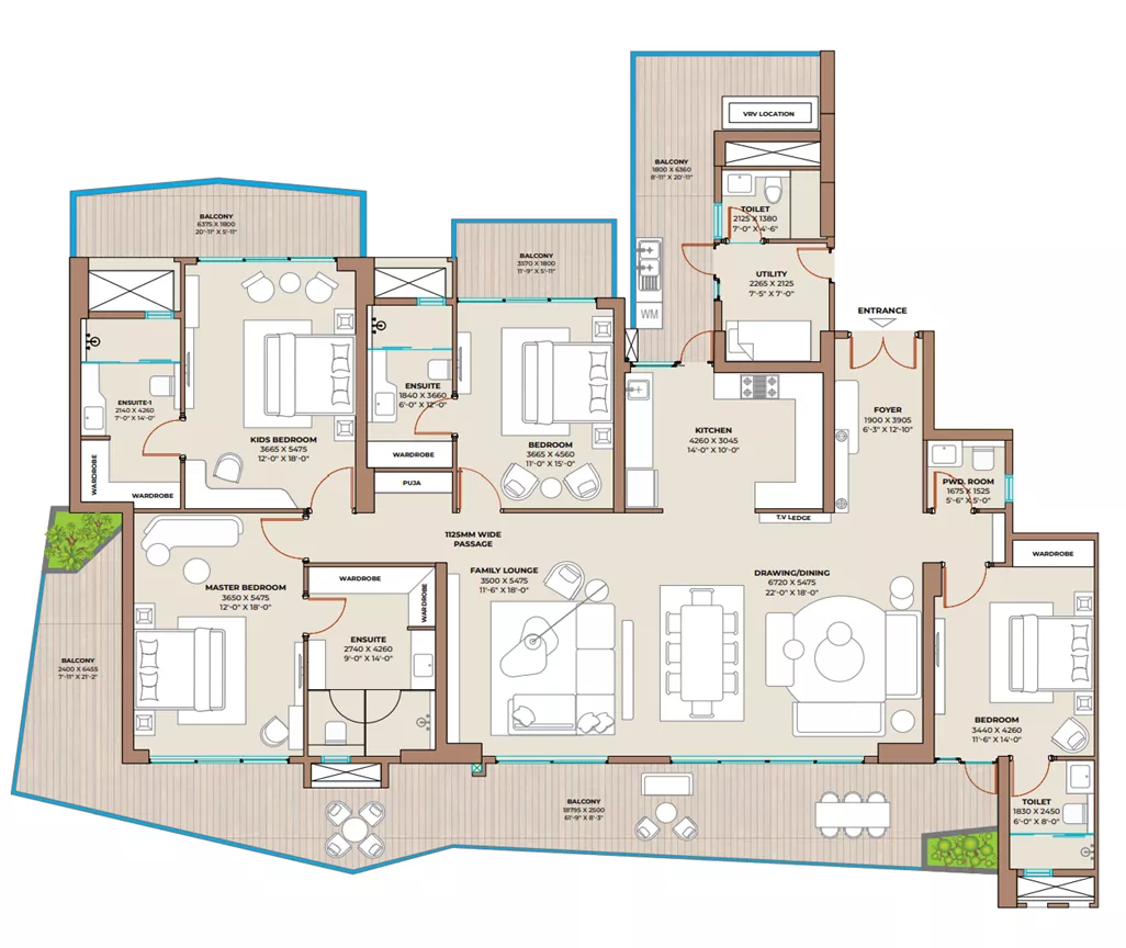 Type B - 4 Bhk + 4t + Lounge + Puja + Utility 3825 Sq. Ft.