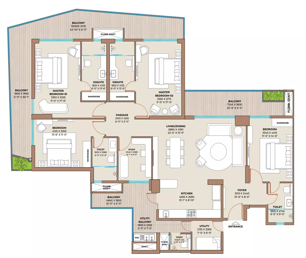 Type C - 4 Bhk + 4t + Study + Utility 2997 Sq. Ft.