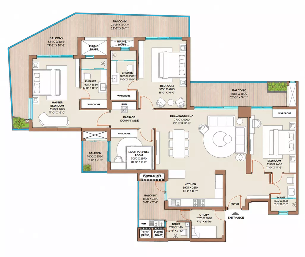 Type D - 3 Bhk + 3t + Multi Purpose Room + Utility 2592 Sq. Ft.